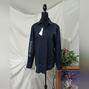 Zara Man Linen Sartorial Long Sleeve Button Up Shirt Navy Blue Size S NWT